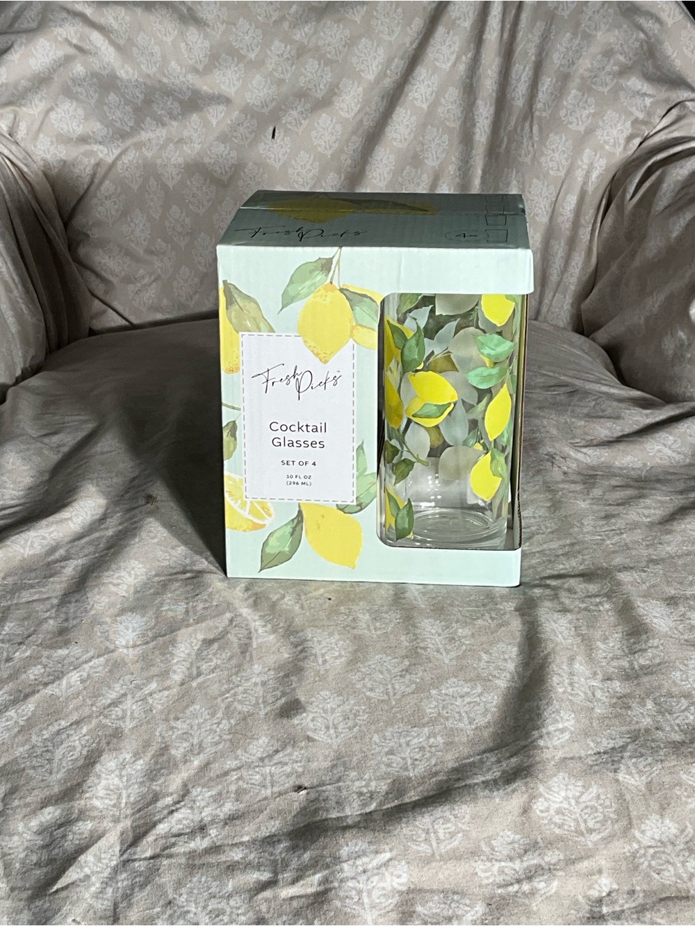 NIB Fresh Picks Lemon Print Cocktail Glasses Set of 4 Highball 10oz